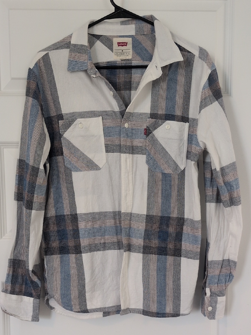 Levi's White Plaid Shirt with Blue & Gray Stripes